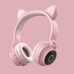Cute Cat Ear HEADPHONES LED Light Bluetooth Wireless with Mic PINK 