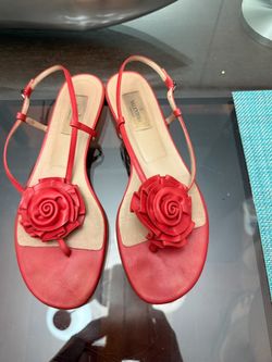 Valentino Red Leather Rose Flat Sandals