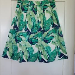 EUC Blue Rain Brand Hawaiian Palm Print Pleated Knee Length Skirt 