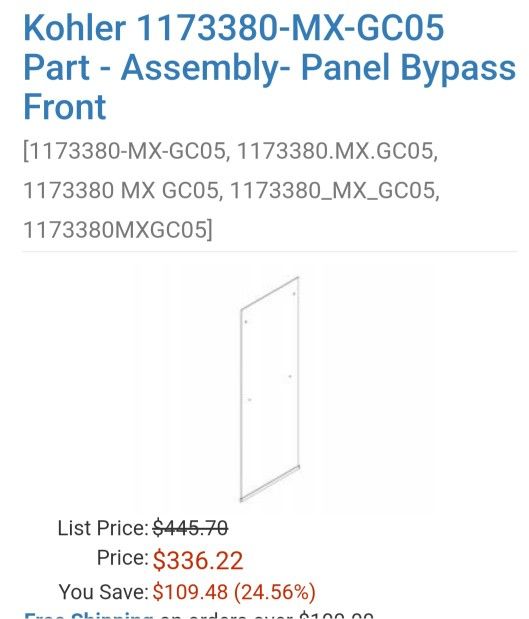 Kohler Door Replacement Glass Panel 1173380-MX-GC05