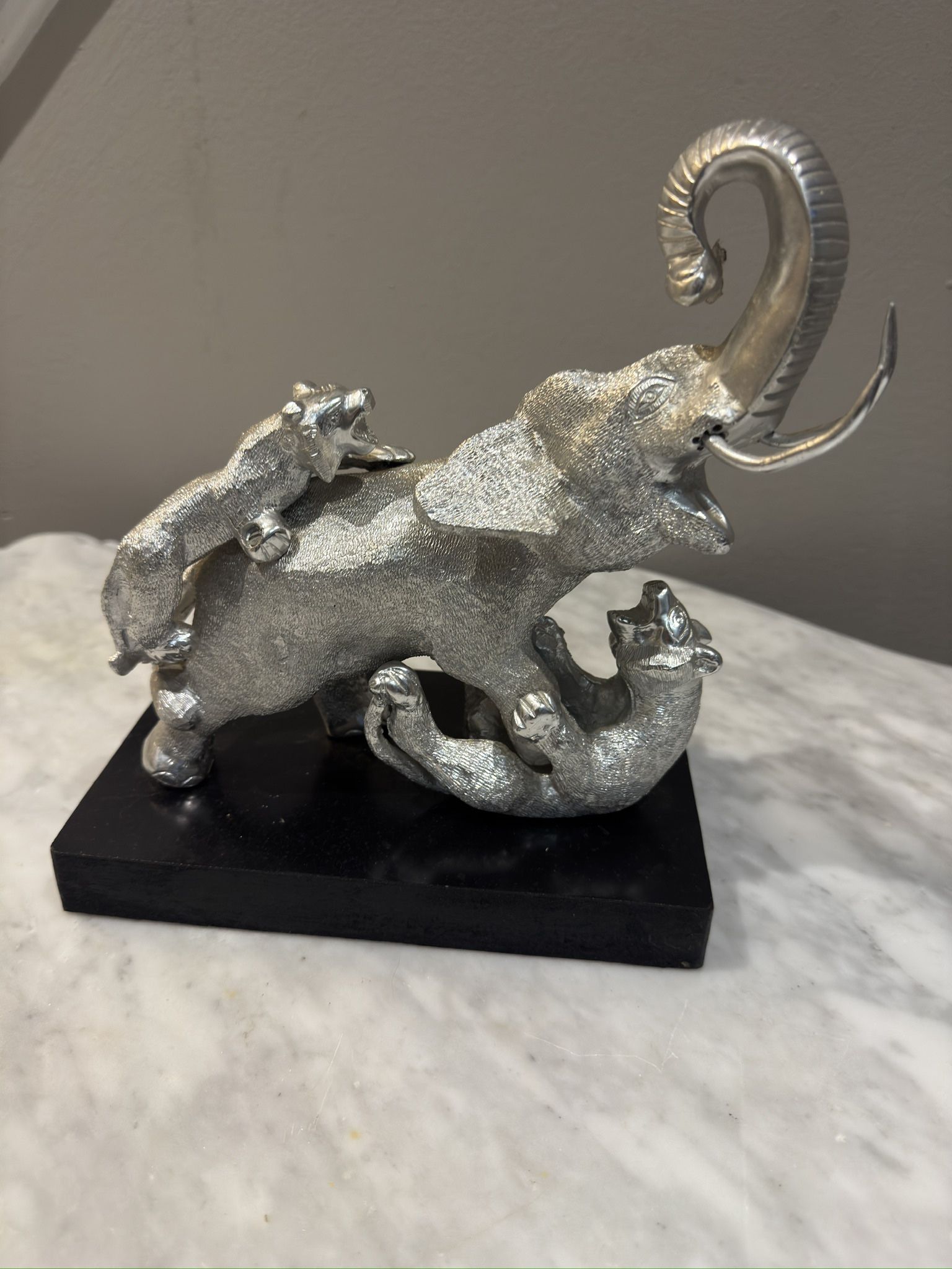 Vintage Elephant Fighting Tigers Silvertone Metal Statue Made In India