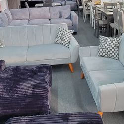 ✅️✅️2 pc light grey velvet fabric mid century modern sofa and love seat set Langley street wooten✅️✅️✅️