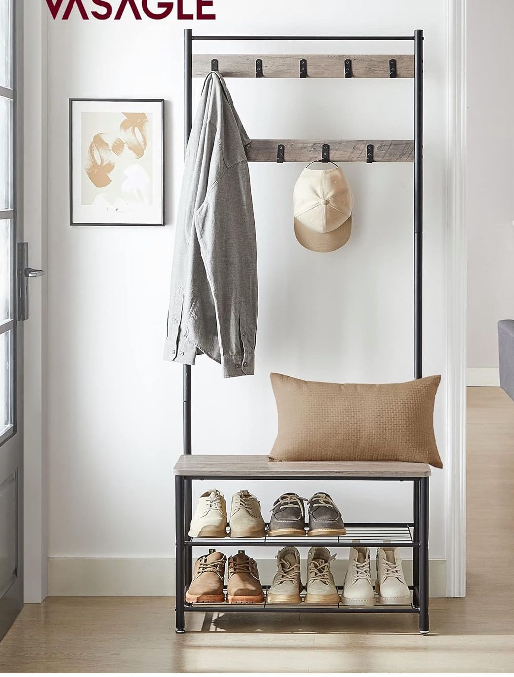 Coat Rack, Hall Tree with Shoe Storage Bench, Entryway Bench with Shoe Storage, 3-in-1, Steel Frame, for Entryway, 12.6 x 27.6 x 68.9 Inches, Industri