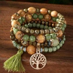 🌿 Bohemian Tree of Life Beaded Bracelet Set – 4 Layered Stretch Bracelets with