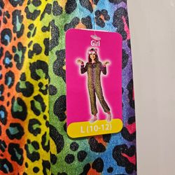 New Party Animal Neon Cheetah Jumpsuit Costume Girls Large 10-12 Rainbow Hooded