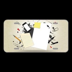 Licence Plate Novelty Car Front Paper Messy Notes Abstract Paperwork