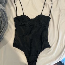 Zara Satin Black Bodysuit With Lace Detail Size S
