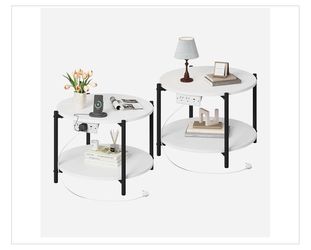 LIKIMIO 23.6" Double-Tiered Round End Tables with Charging Station, White, 2 Tables