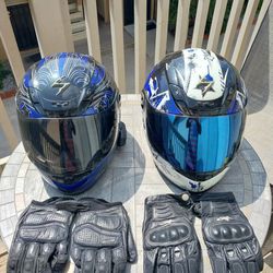 2 Scopion Helmets, 2 Leather Gloves, And Fodsports Bluetooth System