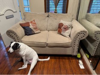Beige Fabric Loveseat with Nailhead Trim