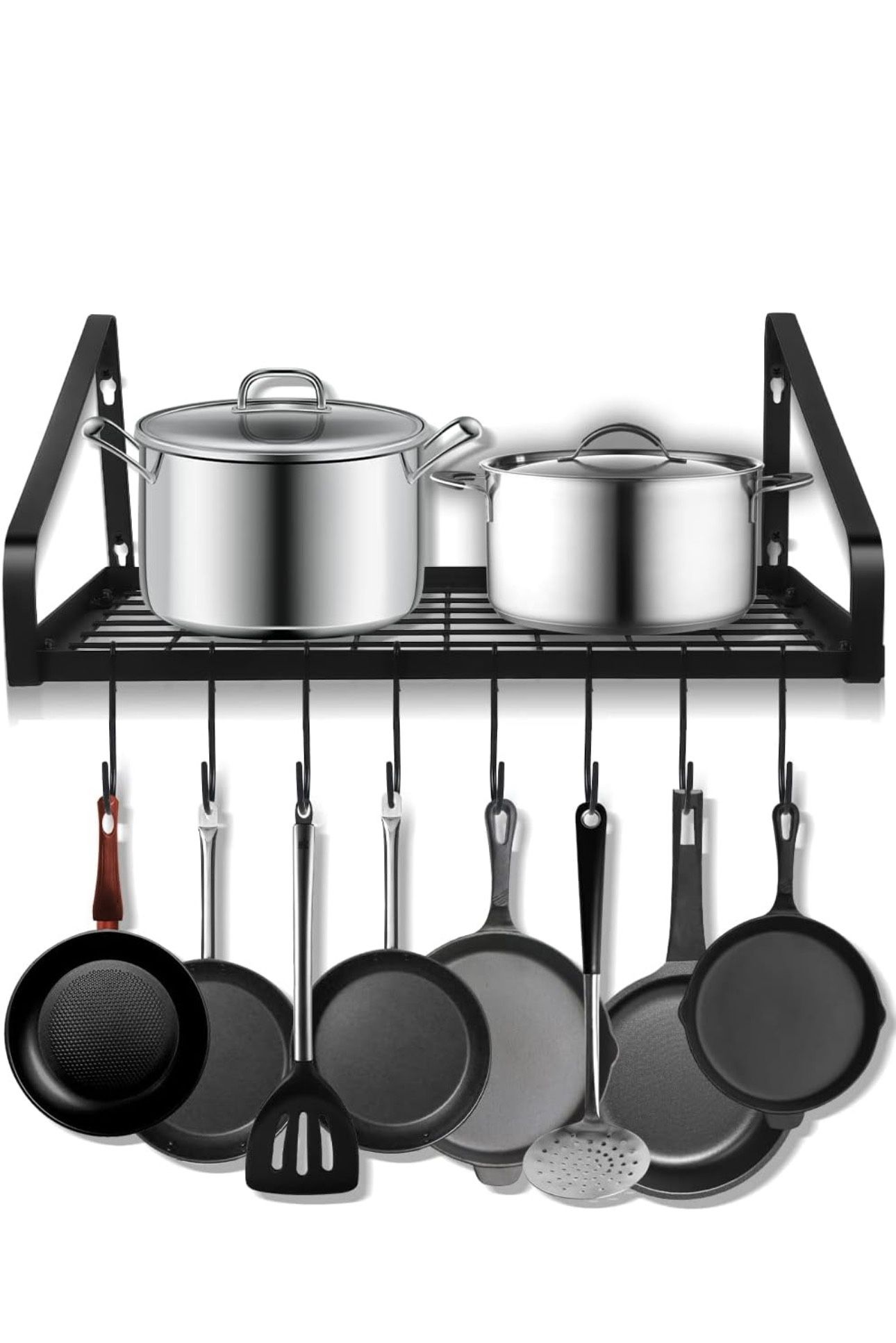 Hanging Pots & Pans Rack,Wall Mounted Pots Pans Organizer Holder Rack with 8 Hooks, Kitchen Wall Storage Organizer Hanger Shelves for Pans Set, Utensi