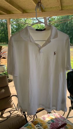 A white Polo Ralph Lauren short-sleeve polo shirt with a classic collar and embroidered pony logo on the chest.