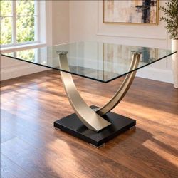 Elite Modern Tangent 60" Glass Dining Table Carl Muller Champagne Metal Base