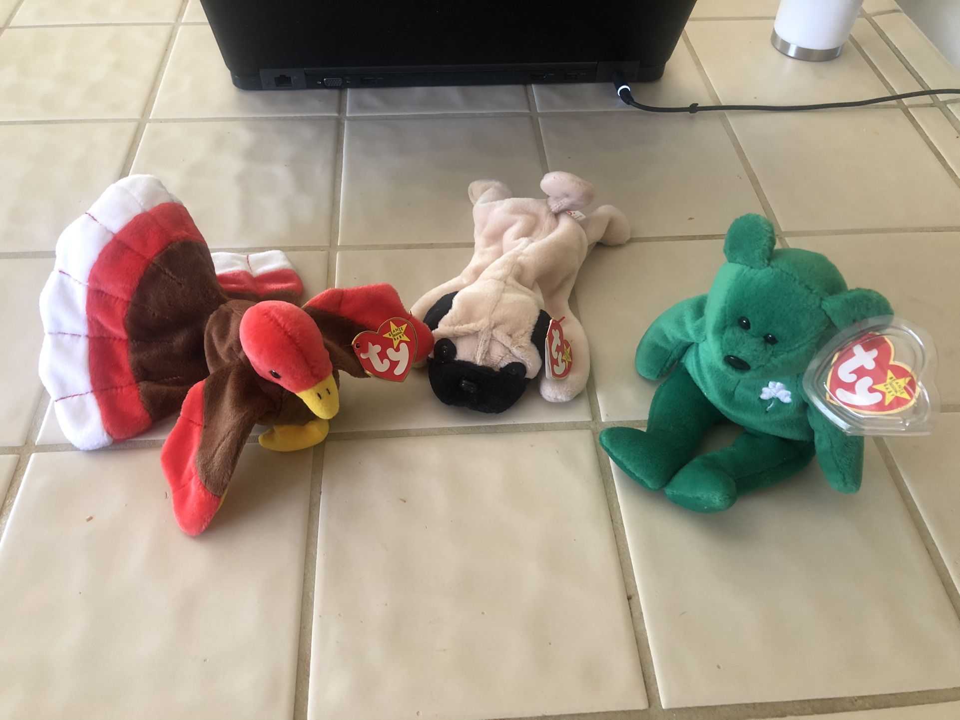  3 Beanie babies, Erin, Pugsley and Gobbles