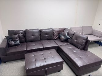 L-Shaped 3-Piece Faux Leather Sofa with Storage Ottoman Set, Sectional Couch Leather-Like Sofa Set for Living Room, Office