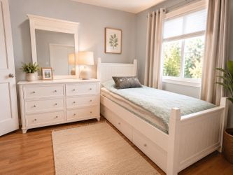 Twin trundle bed, dresser, mirror, 2 mattresses