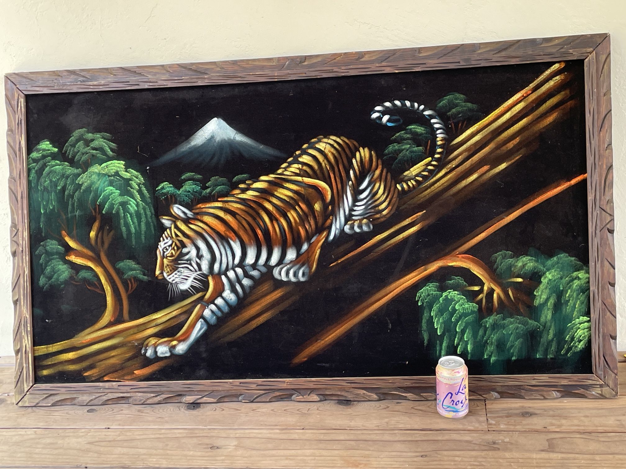 Vintage 60’s Black Velvet Painting Tiger Tiki Bar Man Cave Mid Century