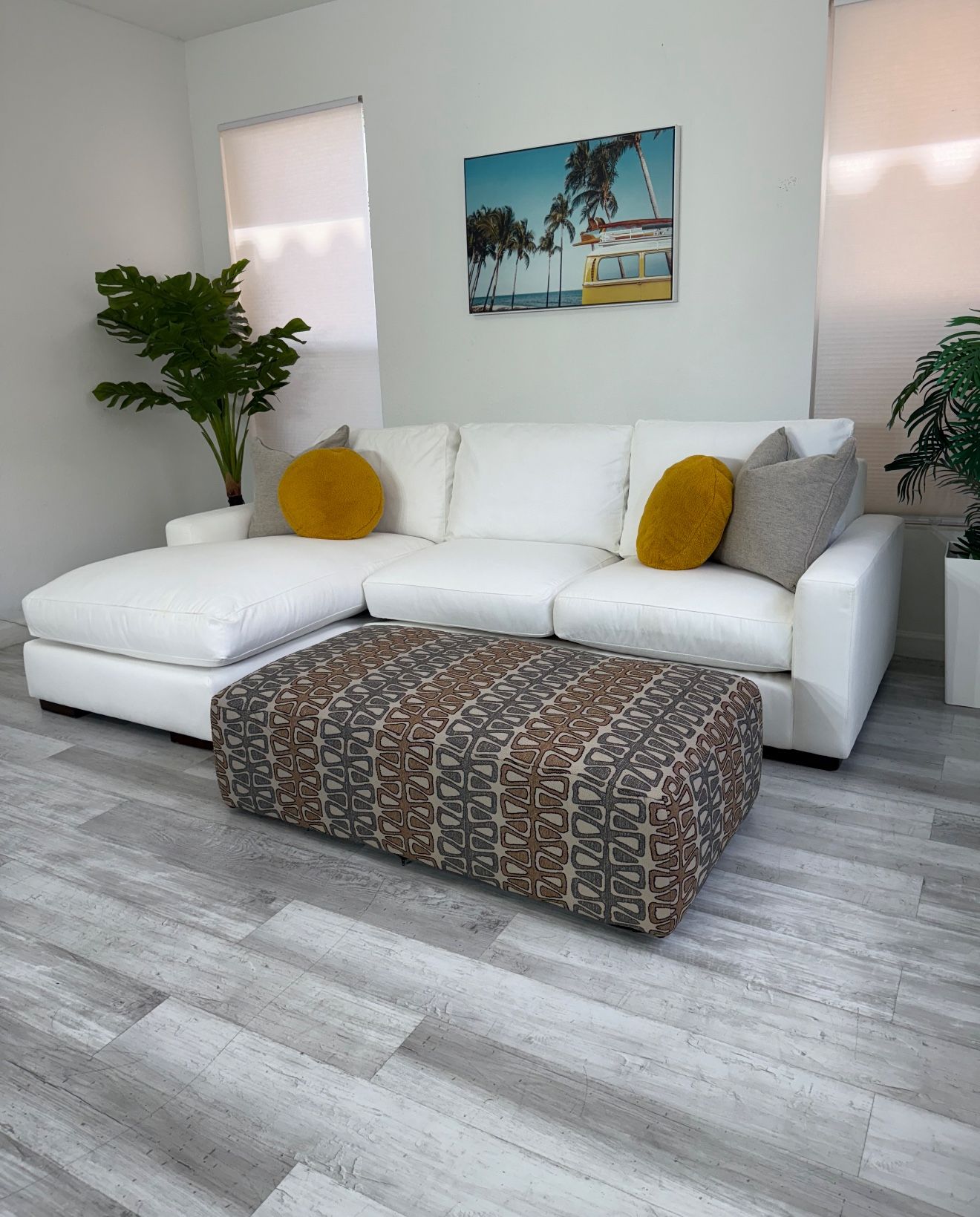 Sectional Couch – White Fabric + Vintage Ottoman