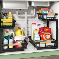 Kitstorack Under Sink Organizer, 2 Tier Under the Sink Storage, Slide out Pull out Cabinet Organizer Shelf, Metal Sliding Drawer for Kitchen Bathroom 