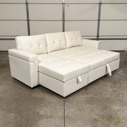 White Sleeper Sectional Sofa with Reversible Chaise & Storage