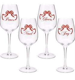 4 Elegant Christmas Wine Glasses Set for Holiday Dinnerware Glassware Drinkware 15 oz. includes Red Bow Noel Peace Joy Cheers by Gift Boutique