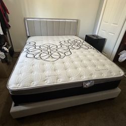 Queen Bed Platform Bed W/ Built-In LED Lights  Color: Light Gray / Mattress Included.    Cama Color Gris  con Luz led Colchon Incluido