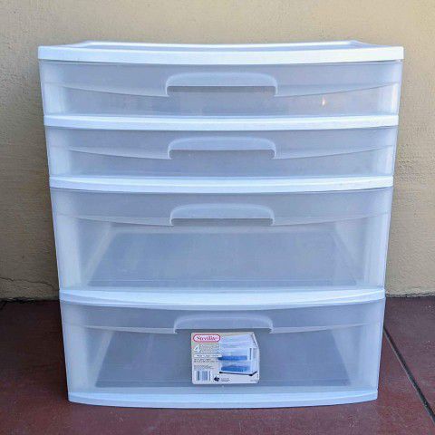 Large wide plastic 4-drawer white storage bin dresser chest cart