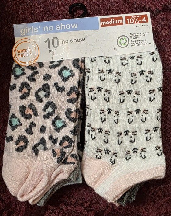 Wonder Nation 10 Pairs Girls No Show Socks Medium 101/2-4 