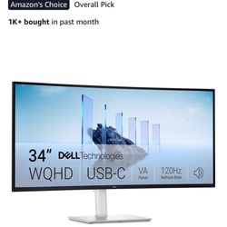 Dell 34-inch Monitor, 3440x1440, 120Hz, VA Panel, Curved Display, USB-C Compatible, 95% DCI-P3