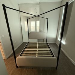 Isla Grey Upholstered and Metal Queen Platform Canopy Bed Frame