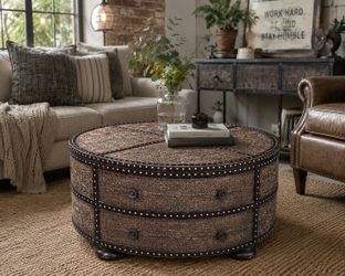 Large 3ft Drum Coffee Table with Storage Cottage Industrial