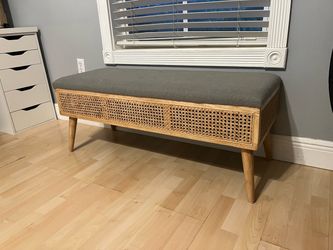43" Rattan Bench w/ Grey Fabric Seat