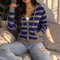 Blue & Gray Striped Zip Hoodie – Medium – Casual Everyday Layer