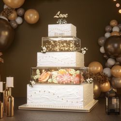 2PCS Clear Acrylic Cake Stand, Fillable Cake Box Riser Cake Tier, Square Cake Display Box with Lid, Decorative Centerpiece Box for Wedding Birthday Pa