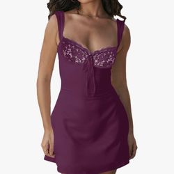 Women's Sexy Sweetheart Neck Sleeveless Tie Front Lace Trim Mini Dress, Large