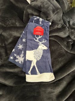 New! 2 pk  Hand Towels-Christmas Blue/White -Reindeer