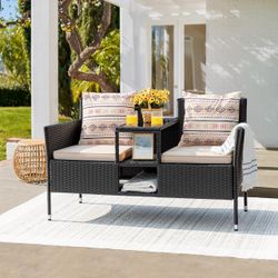 New Outdoor Patio Loveseat Set, Modern Rattan Patio Sofa Set with Cushions and Built-in Side Table, Garden, Lawn, Backyard New in box LCRC21LS0 Enjo
