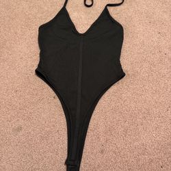 New Small black onepiece high cut bodysuit stretchy halter top lingerie