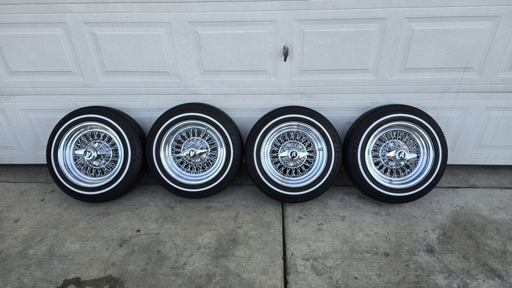 14 Inch Wire Spoke Wheels & New Whitewall Tires 5 Lug Uni Lug Fit Chevy 5x5 & 5x4.75 Ford Dodge 5x4.5 Toyota Tacoma Lowrider Mini Truck S10 Cadillac