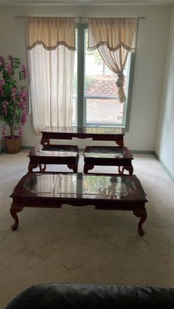 Cherry Wood Glass-Top Coffee Table Set