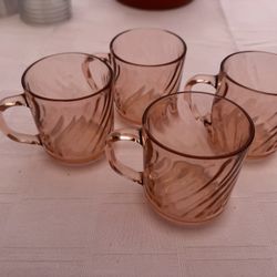 Vintage Arcoroc France "Rosaline" Pink Swirl Glass Mugs - Set of 4