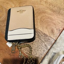 Coach Zip Card Case Wallet ID Holder with Chain Wristlet Black Tan Cream