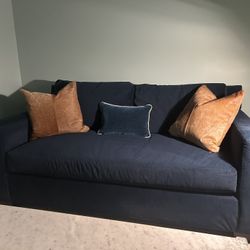 Two Pottery Barn Navy Velvet Love Seats