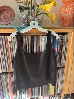Emanuel Ungaro Black Leather Tank with Plum/BURGUNDY Floral cut out Appliqué,10
