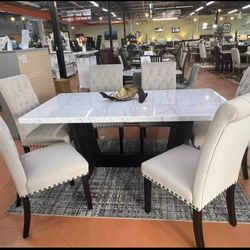 7 Pcs Marble Dining Room Set Table and 6 Velvet Chairs Sherry 
