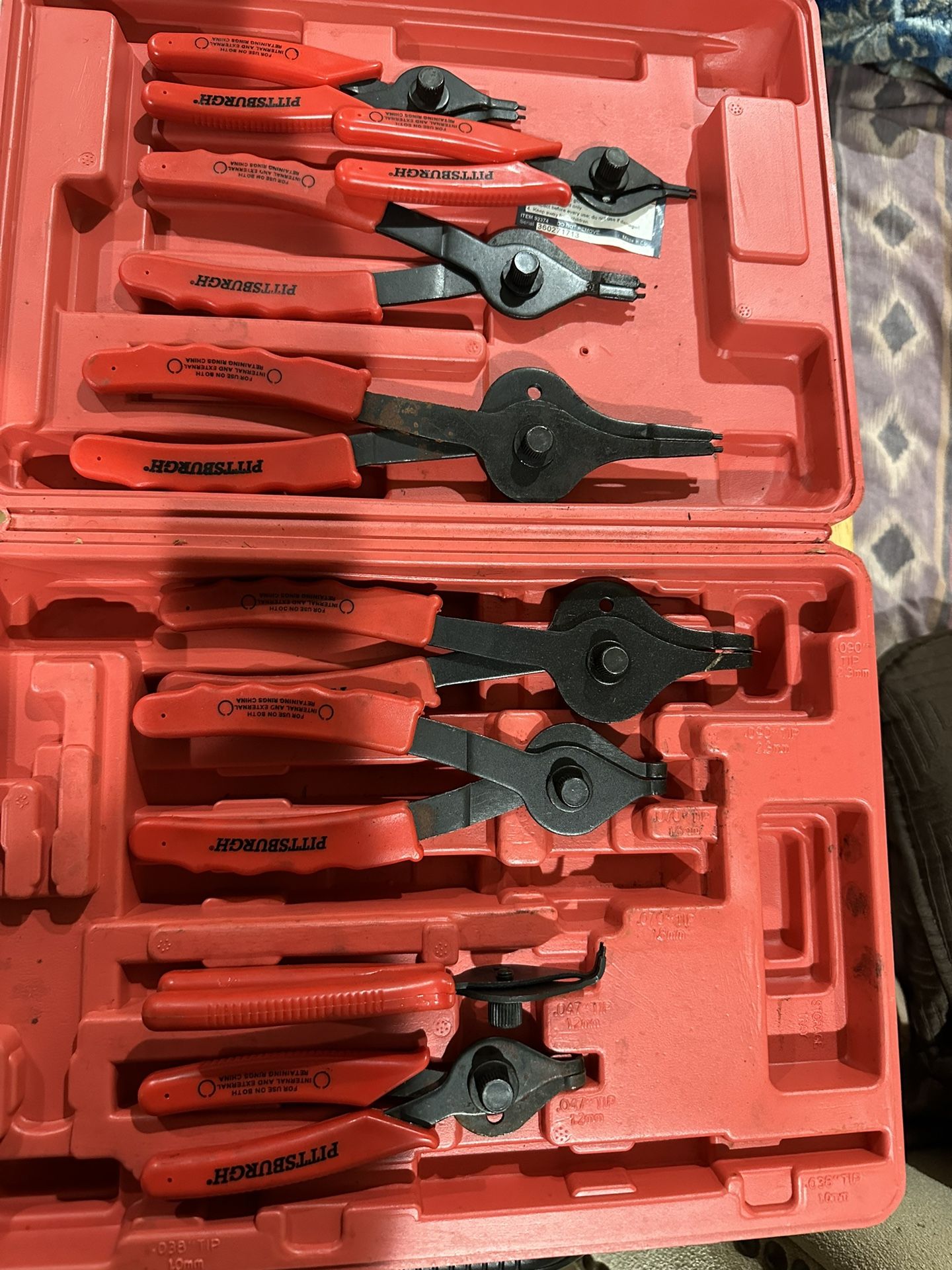 Pittsburgh 8 Pc Snap Ring Plier Set #92374 Red Hard Case Tools