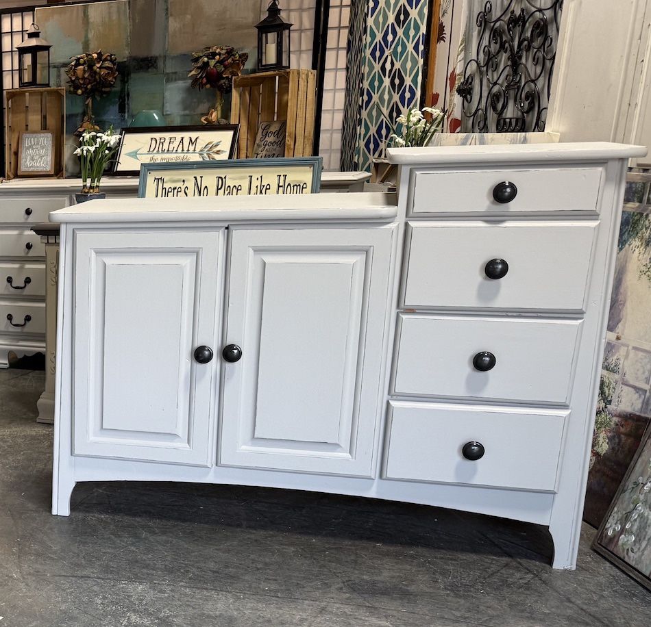Farmhouse DRESSER / changing table — white distressed “Lullabye” other chest nightstand avail.