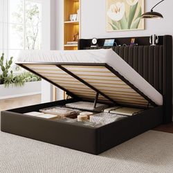 Queen Lift Up Storage Hydraulic Bed Frame,Charging Station,Black Storage Shelf Headboard with Charging Station,Type-C,USB Ports,Hydraulic Support,Velv