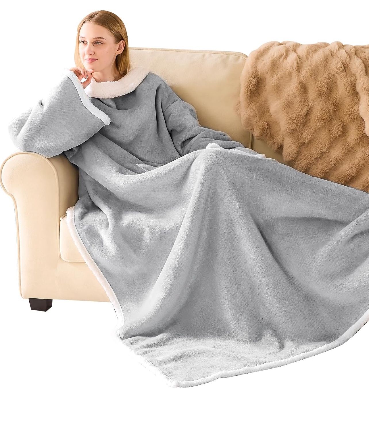 Brandnew Sherpa Wearable Blanket with Sleeves for Women Men Adults, Cozy Wearable Blanket with Arm and Pocket, Warm Full Body TV Wrap Throw Blanket, S