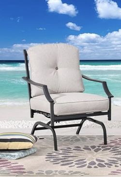 patio metal chair with thick cushions, outdoor furniture suitable for bistros, terraces, and gardens (beige).